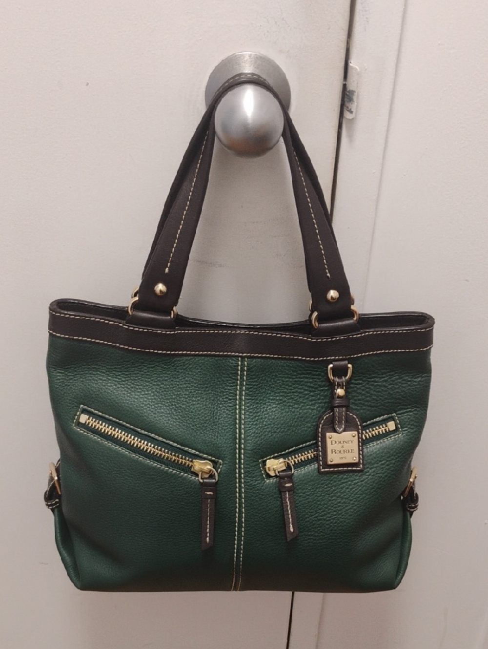 Dooney & Bourke Green Pebbled Leather Shoulder Tote with Dark Brown Trim